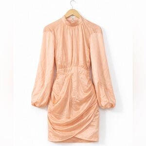 Peach Long-Sleeve Mini Dress with Gathered Waist